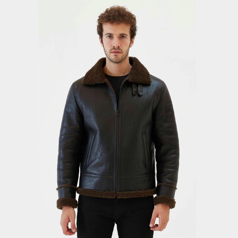 Men Aviator Tobacco Brown Shearling Jacket