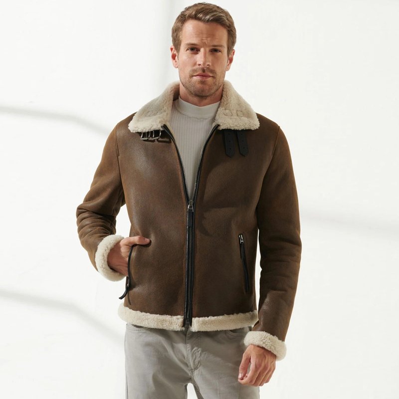 Men Brown Aviator Off-White Shearling Jacket