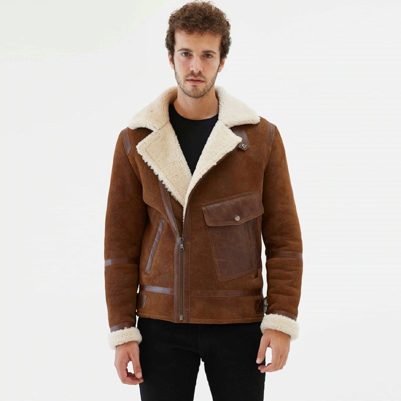 Men Dark Brown Aviator Off White Shearling Jacket