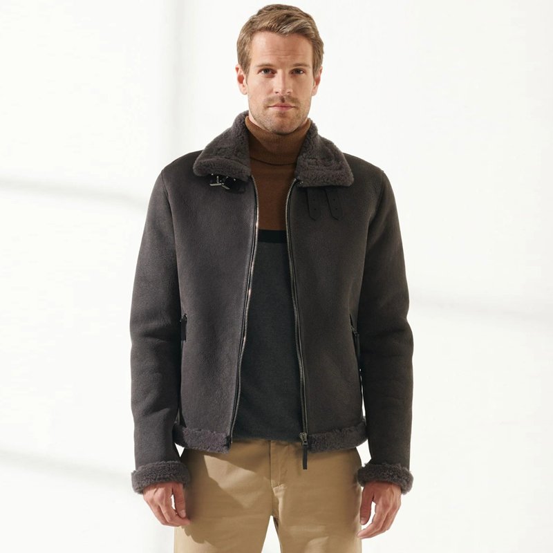 Men Grey Aviator Shearling Jacket