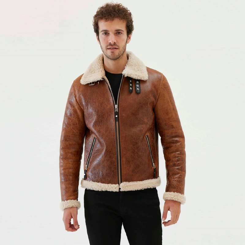 Men Tan Aviator Off White Shearling Jacket