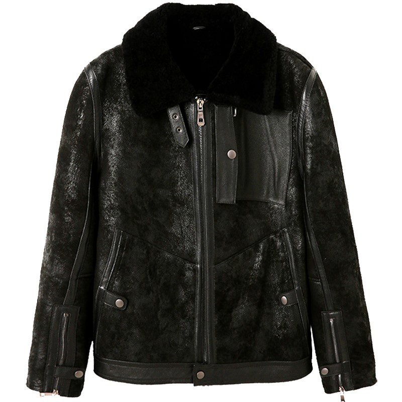 Mens Distressed Black Sheepskin Shearling Aviator Jacket