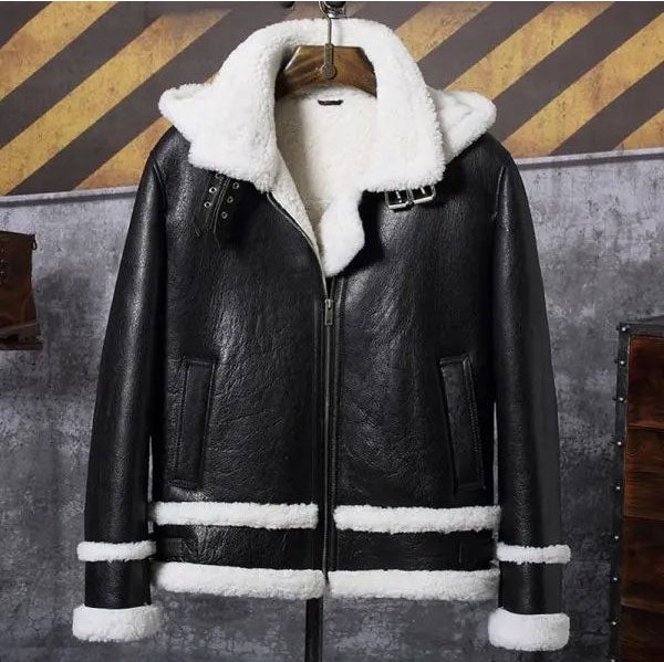 Mens Black Bomber Sheepskin Leather Jacket with Hood