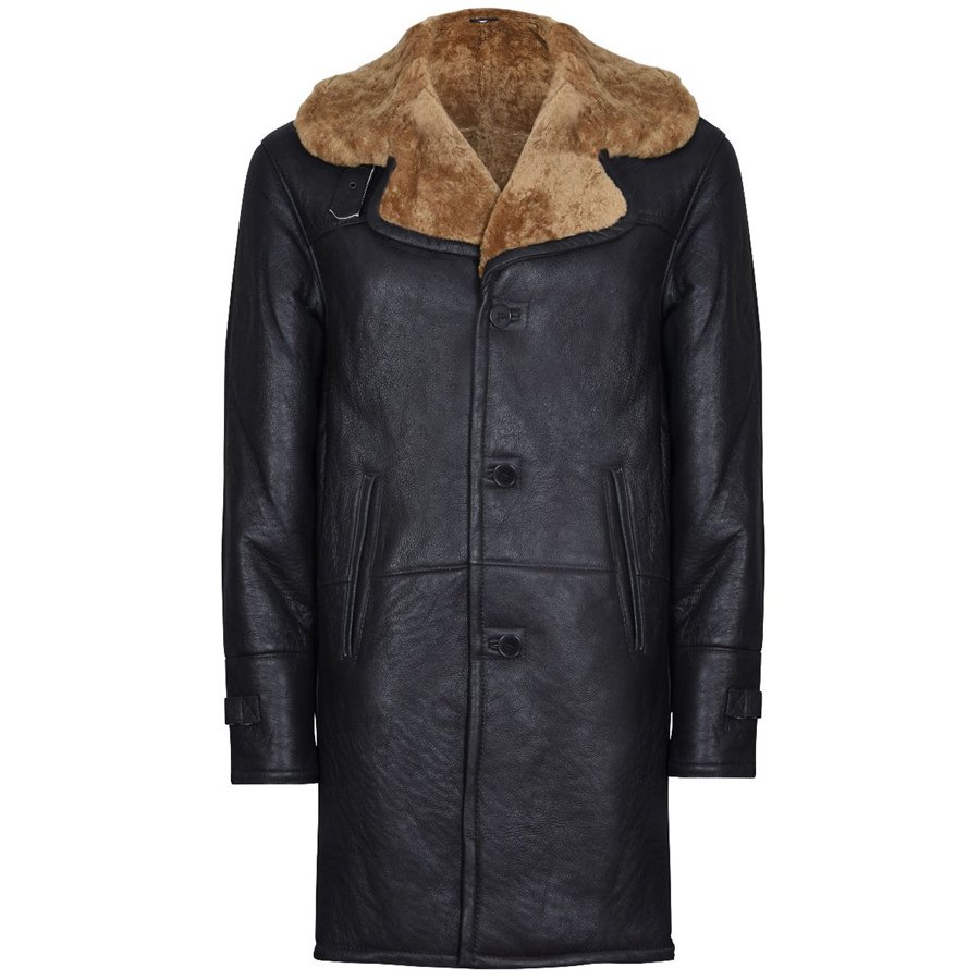 Mens Brown Ginger Warm Shearling Sheepskin Leather Long Coat