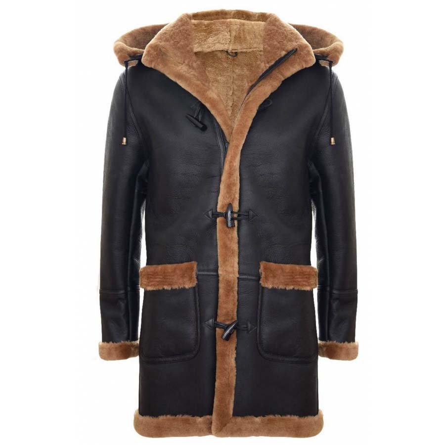 Mens Dark Brown Shearling Sheepskin Duffle Long Coat