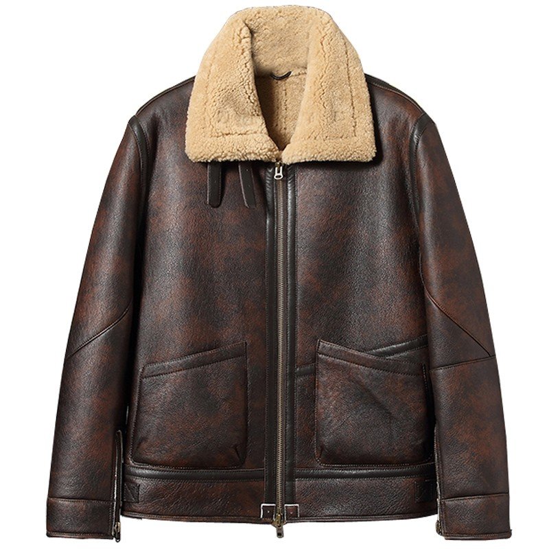 Mens Distressed Sheepskin Shearling B-3 Bomber Jacket
