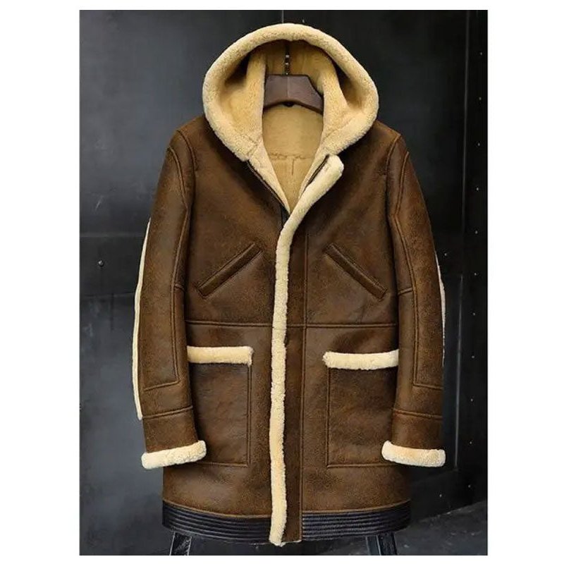 Mens Hooded Sheepskin Shearling Leather Jacket