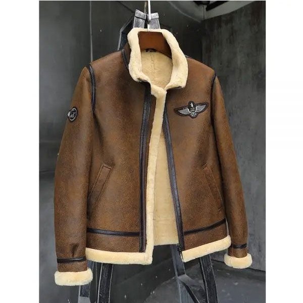 Mens Brown Sheepskin Aviator Shearling Motorcycle Leather Jacket
