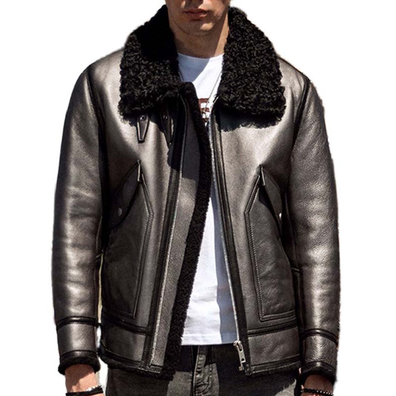 Mens Black Sheepskin Shearling Bomber Jacket